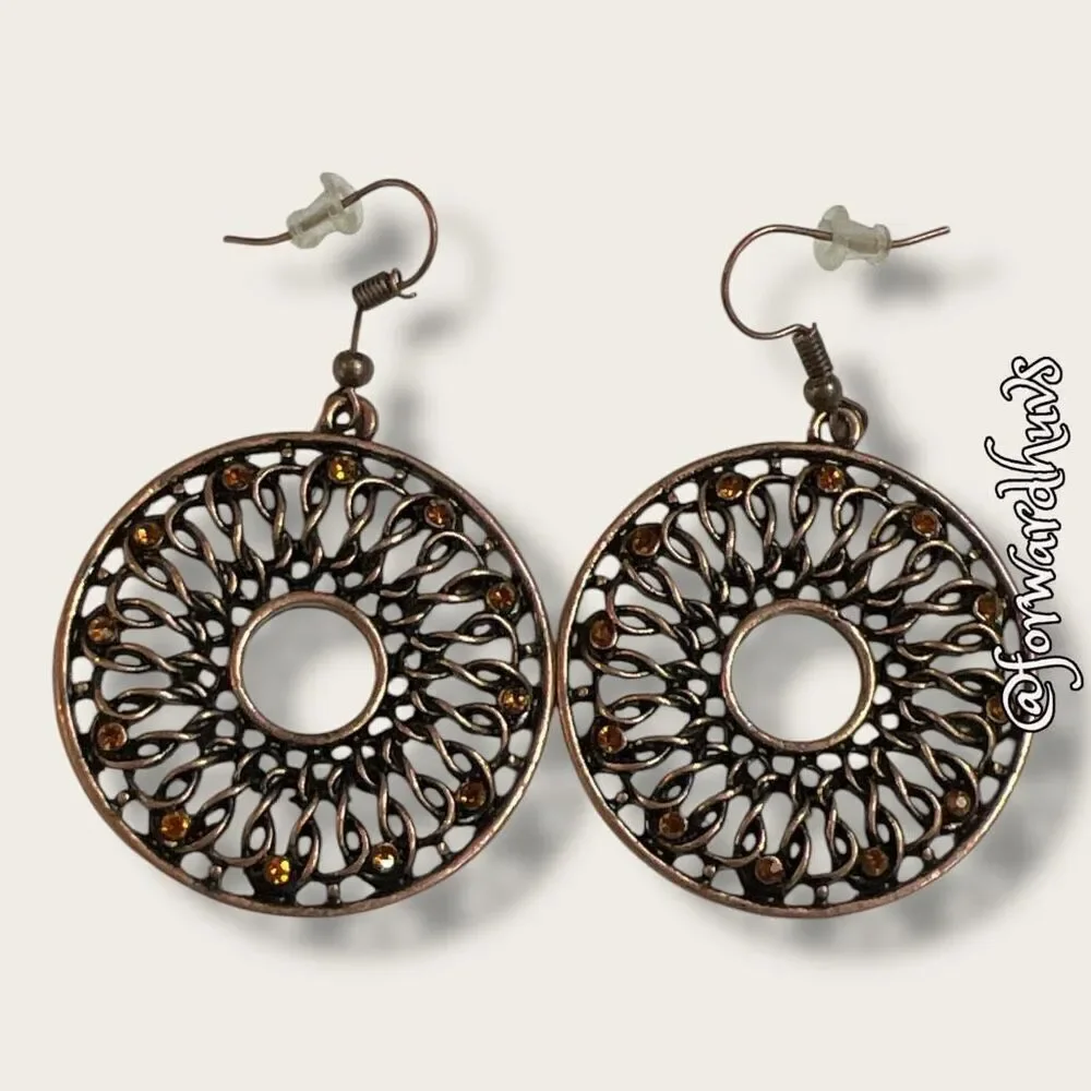 Bundle Sale 3 for $15 | Dark Copper Dangle Earrings with Orange Rhinestones